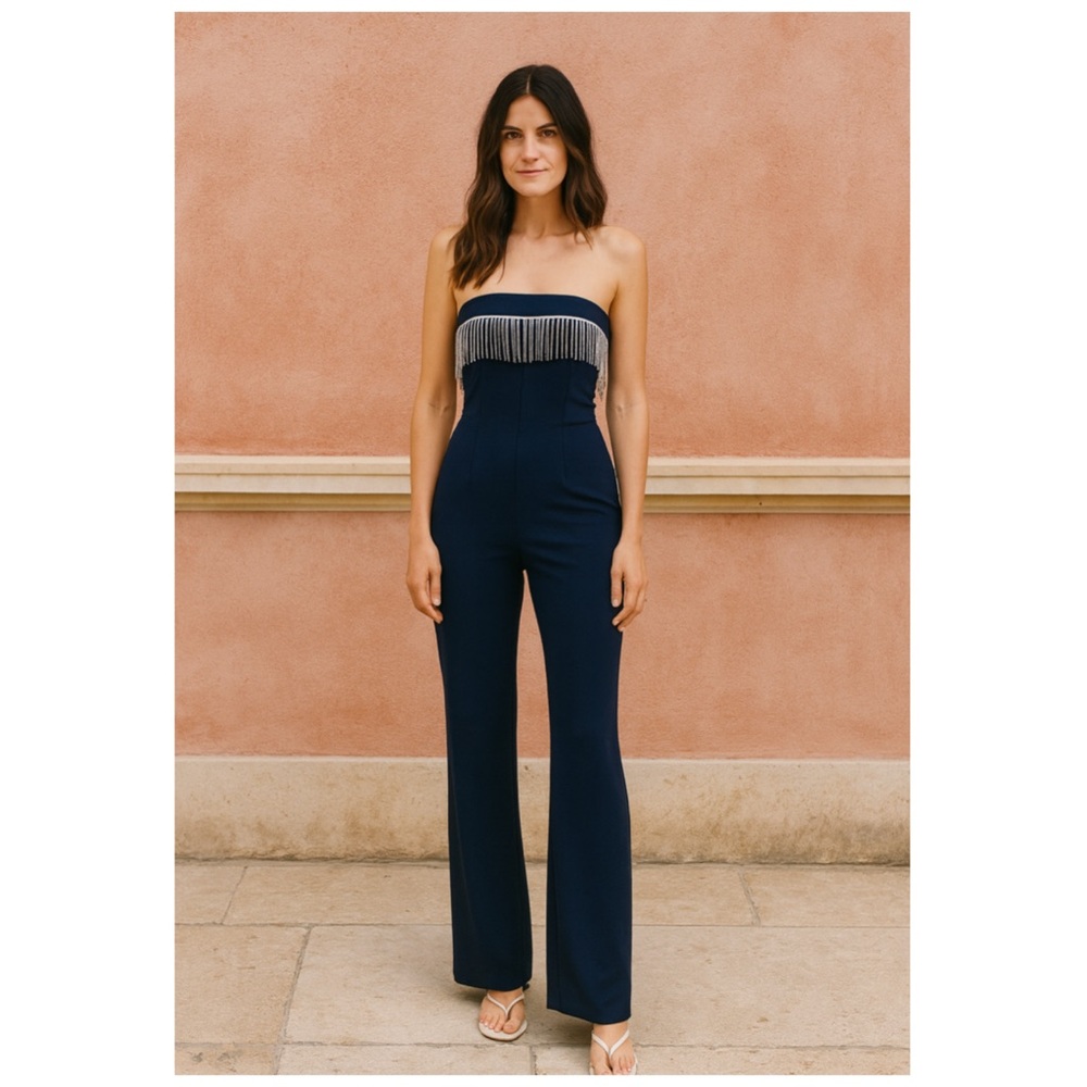 Camila Coelho Navy Strapless Rhinestone Fringe Jumpsuit Indigo Small